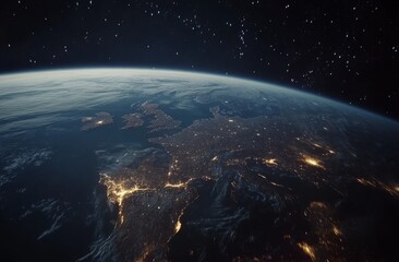Fototapeta premium Night view of Earth from space, showcasing Europe's city lights and atmospheric details.
