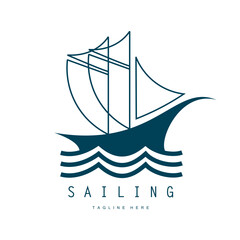 sea ​​wave sailboat logo and coconut tree on beach, for business, badge, company, vector