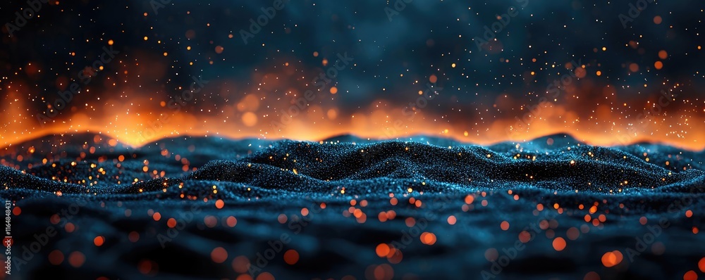 Poster sparkle abstract background concept. a stunning view of glowing waves and sparks against a dark atmo