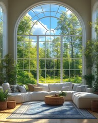 Sunlit living room with arched window overlooking lush green landscape.