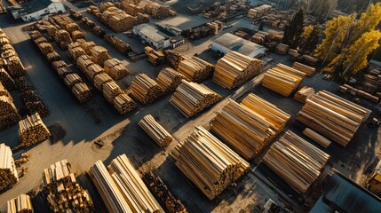 Fototapeta premium Aerial view of a plywood factory surrounded by stacks of logs and finished products in a sprawling yard.
