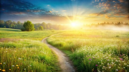 Serene sunrise over a winding path through a vibrant meadow of wildflowers
