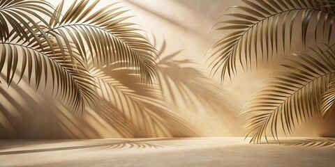 Serene Beige Background with Golden Palm Fronds and Sunlight Shadows Casting on Empty Studio Floor