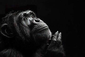 A contemplative chimpanzee gazes upward in black and white