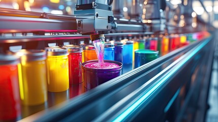 Automated filling machines pouring colorful paint into cans on a fast-moving conveyor belt."