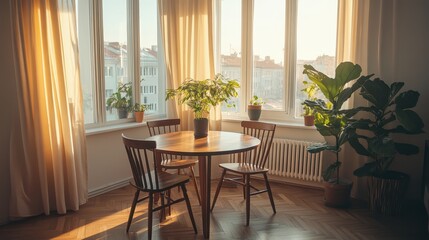 Sunlit Apartment Interior with Plants and Wooden Table near Bay Window