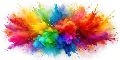 Fototapeta premium A vibrant explosion of multicolored powder, a dynamic burst of color against a white background, showcasing a spectrum of hues in a powerful and artistic composition.