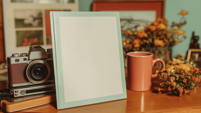 Blank photo book beside camera and coffee mug on wooden table