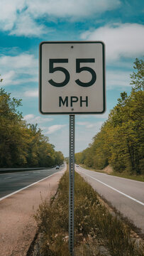 Scenic Roadside Speed Limit Sign, 55 MPH, with Urban Background, Asphalt Highway, Greenery, and a Serene Morning Light Effect