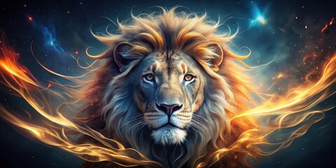 Fototapeta premium Majestic Lion with Fiery Mane Against a Cosmic Background