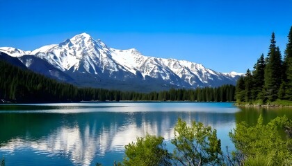 Towering snow capped mountains in the background, with a tranquil lake in the foreground.