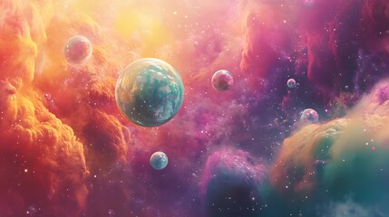 Naklejka premium Celestial Bodies Orbiting Within A Vibrant Nebula