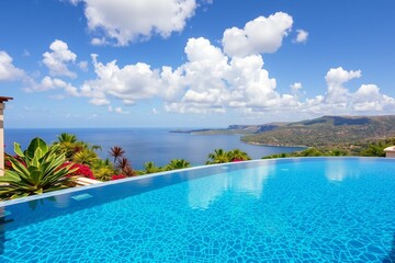 Fototapeta premium Infinity pool with tropical plants and coastal view.generative AI 