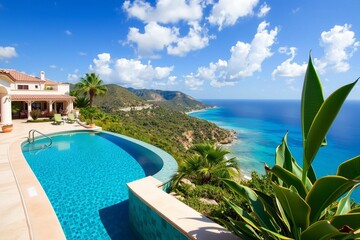 Infinity pool with tropical plants and coastal view.generative AI  
