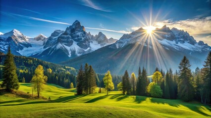 Majestic Sunrise Illuminates Verdant Valley and Snow-Capped Peaks