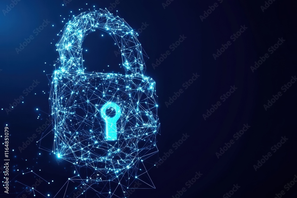 Poster digital lock symbol representing cyber security concept with geometric lines and connections for mod