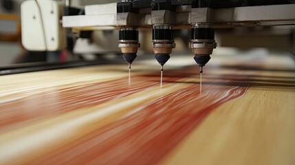 Close-up of adhesive being evenly applied to wood veneers by automated rollers for plywood production."