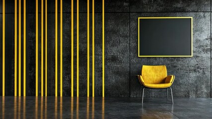 Modern interior design featuring a vibrant yellow chair against a textured black wall with bold yellow stripes