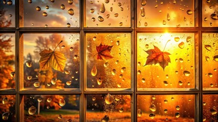 Autumnal Sunset Reflected in Rain-Kissed Window Panes, Showcasing Delicate Fallen Leaves Adorning the Glass