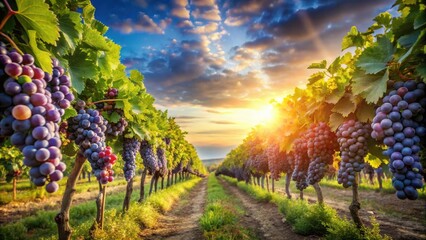 Golden hour sunlight illuminates rows of ripe red grapes hanging heavy on vines in a vineyard