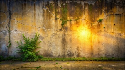 Naklejka premium Ancient Wall, Weathered Texture, Illuminated by Golden Light, Lush Greenery at Base