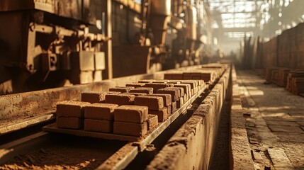 Conveyor belts moving freshly molded bricks into large industrial kilns for firing at high temperatures."
