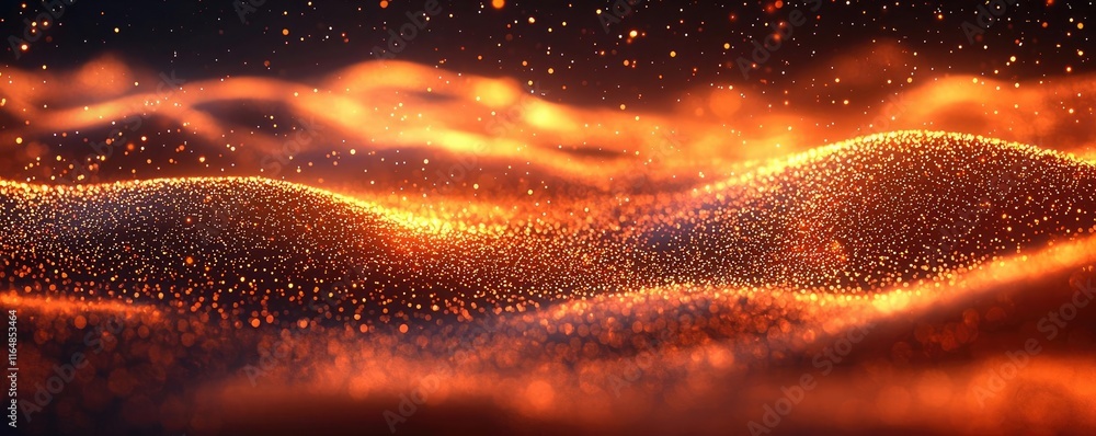 Poster sparkle abstract background concept. captivating glowing waves of amber particles in a surreal lands