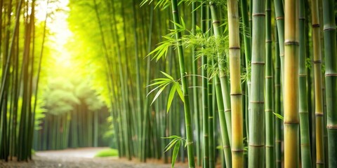 Fototapeta premium Serene Bamboo Forest Path Sunlight Illuminates Lush Green Stalks and Vibrant Foliage, Creating a Tranquil and Peaceful Atmosphere