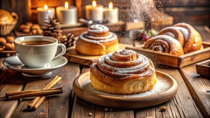Warm, Sweet Cinnamon Rolls with a dusting of powdered sugar, accompanied by a cup of coffee and the aroma of cinnamon sticks, creating a cozy autumnal atmosphere.
