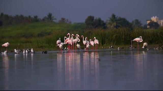 Greater Flamingos waded gracefully through the shallow waters of Bhigwan Lake Sanctuary along the Bima River coast, elegantly walking and searching for food, their vibrant pink plumage contrasting bea