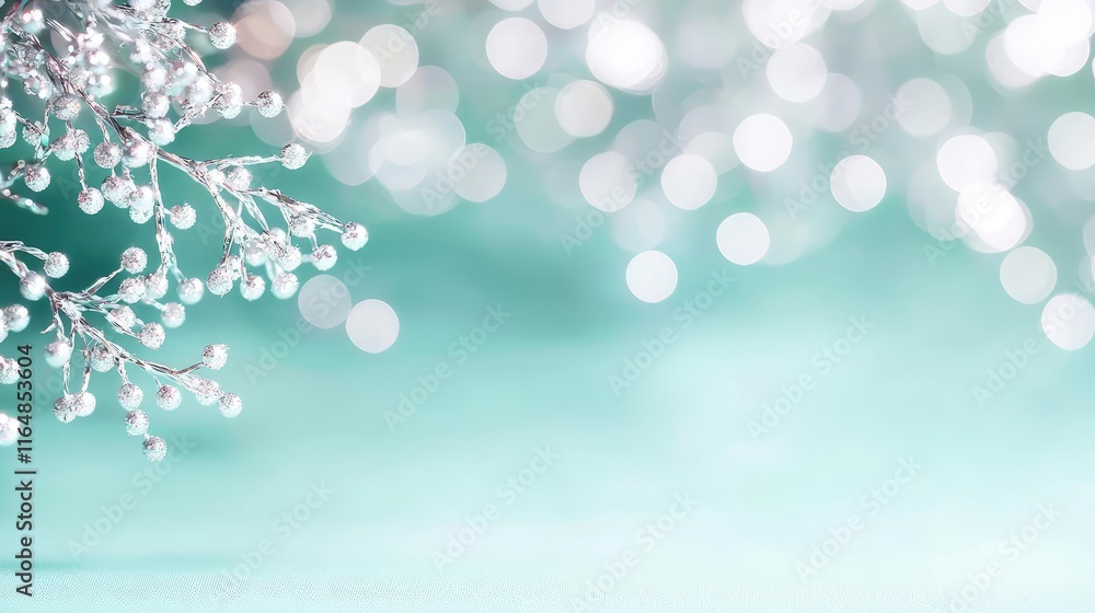 Poster sparkle abstract background concept. delicate ice-covered branches glimmering on a soft turquoise ba