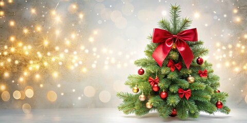 Festive Mini Christmas Tree Decorated with Red Bows and Gold and Red Ornaments Against a Sparkling Background