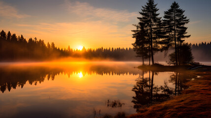 Obraz premium Misty Dawn: Serenity And Tranquility Reflected In The Mirroring Lake