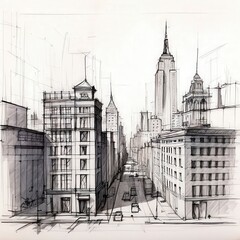 the AI Image Generator, Monochrome Urban City Sketch Illustrating Street