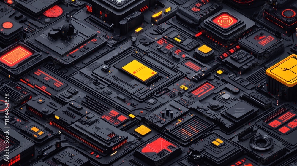 Poster 3d render of a complex circuit board with red and yellow accents.
