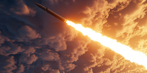 Fototapeta premium Rocket launch with fiery exhaust against dramatic sky at sunset