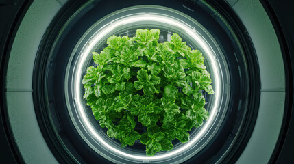 Lush green plants in circular vertical farming setup, illuminated by bright lights, showcasing modern agriculture technology