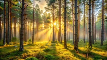 Fototapeta premium Golden Sunrise Illuminating a Misty Pine Forest with Sunbeams Streaming Through the Trees