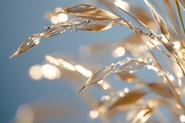 Fototapeta premium Glass plant with dew drops, bokeh lights.
