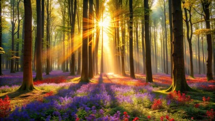 Obraz premium Golden Sunlight Illuminates a Magical Forest Floor of Vibrant Blossoms