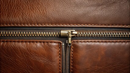 Close-up view of a brown leather zipper detail, showcasing stitching and texture