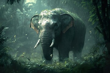 Moss Covered Elephant In Lush Jungle Habitat