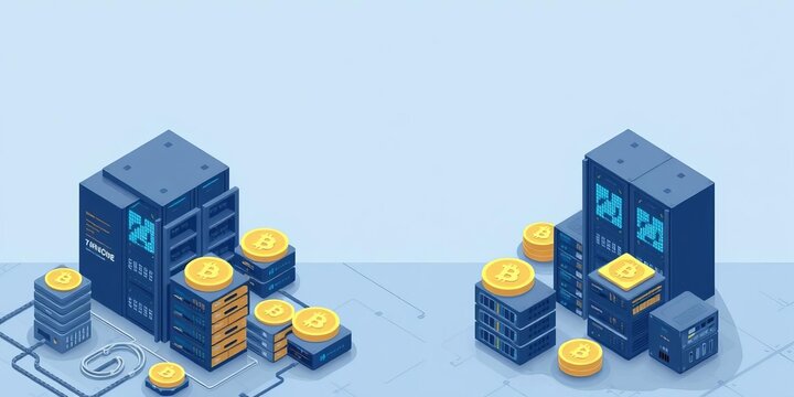 Isometric illustration of a computer farm mining cryptocurrency in a data center with server racks processing big data blocks, cryptocurrency, digital blocks, isometric