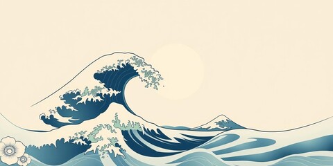 Luxurious ocean oriental background with Chinese and Japanese line art, sun, sea waves, floral flowers, and elegant landscape design, background, sea waves, luxury