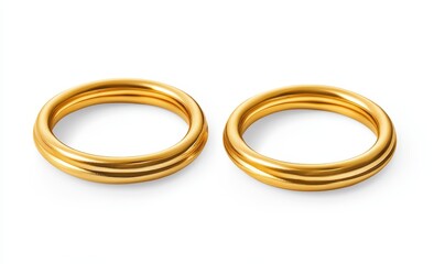 Two gold wedding bands, close-up studio shot on white background.