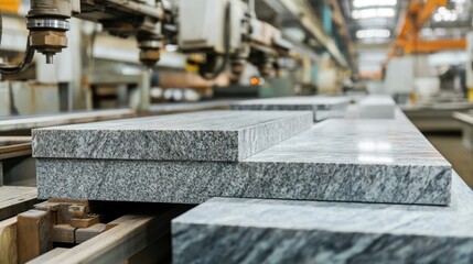 Granite slabs being shaped into countertops by CNC machines in a modern production line."