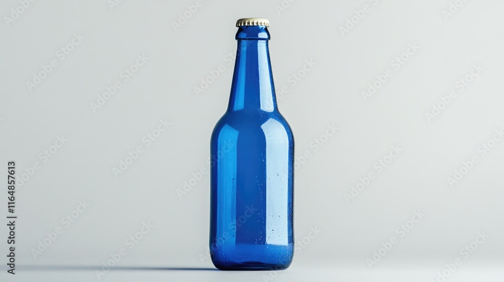 Poster a blue beer bottle with a smooth, glossy finish and blank label, isolated against a soft grey backgr