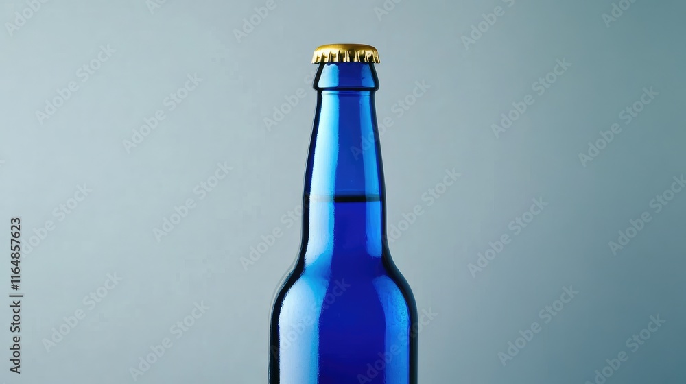 Poster a blue beer bottle with a smooth, glossy finish and blank label, isolated against a soft grey backgr