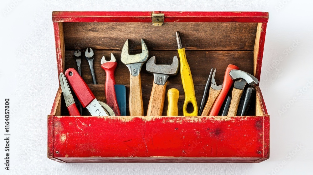 Poster a bright red wooden toolbox open, displaying a variety of tools inside, centered on a white backgrou