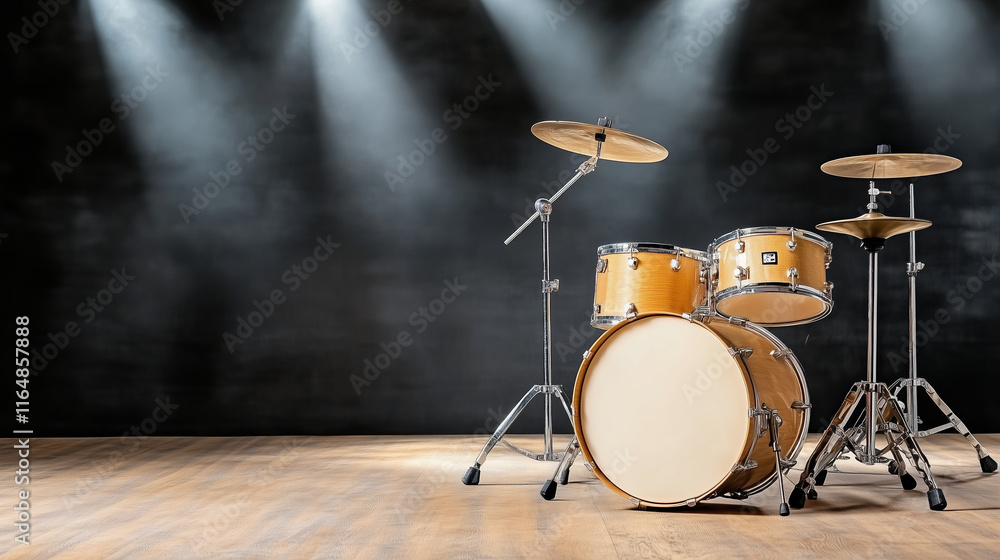 Poster drum set on stage with spotlight, ready for performance and music